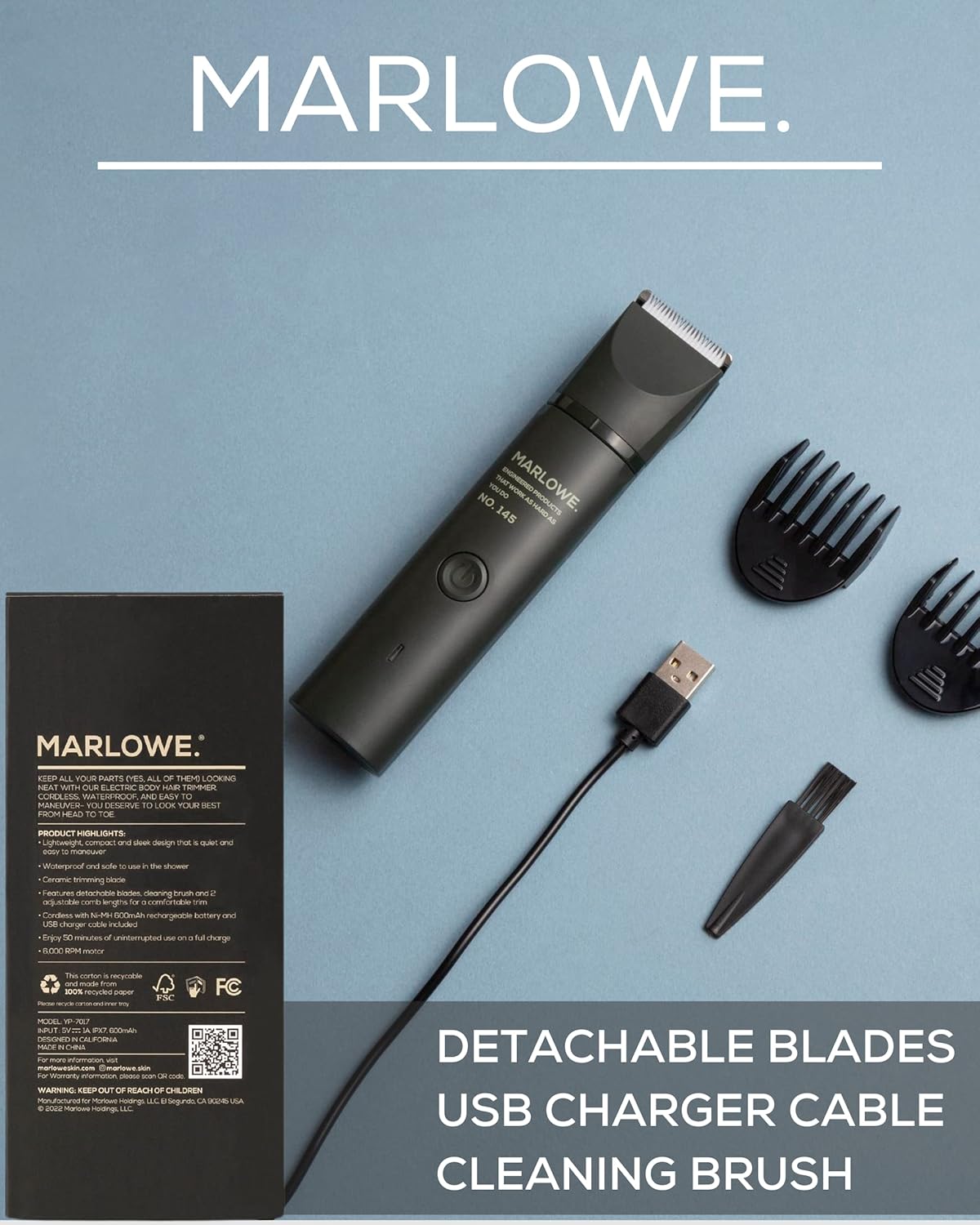 No. 145 Body Hair Trimmer for Men, Forest Black, Lightweight Waterproof Personal Groomer, Ceramic Blades, Adjustable Comb Lengths & Rechargeable Battery for Head to Toe Male Grooming
